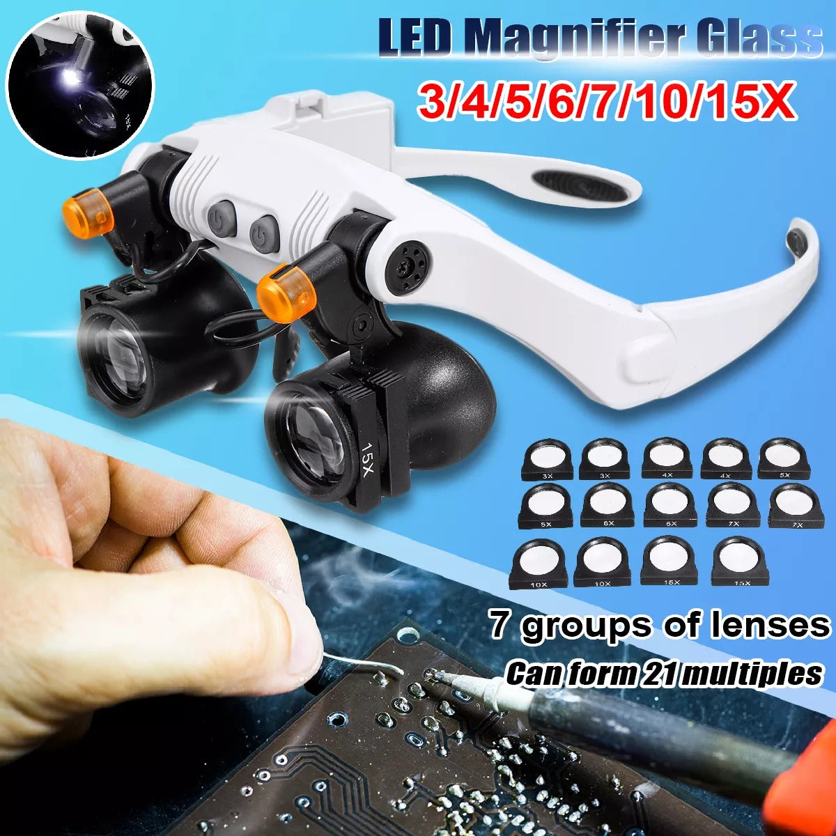 LED Headband Magnifier 7 Adjustable Lens